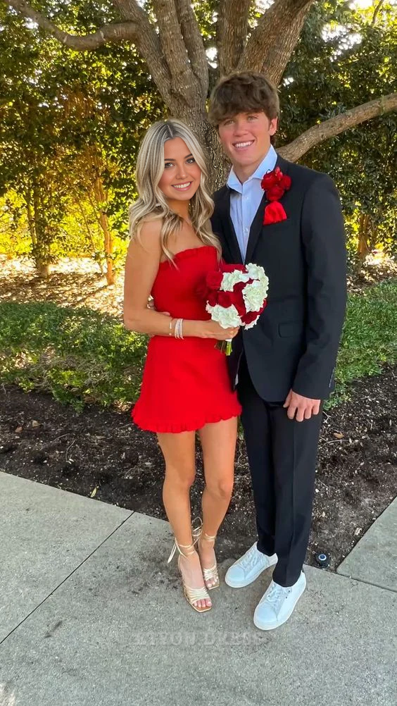 A-line Strapless Red Short Homecoming Dress formal dresses Bridesmaid Dresses evening gown Prom Dress